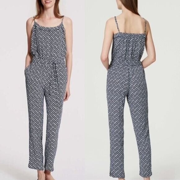 LOFT Pants - LOFT Jumpsuit S Navy Blue Geo Print Straight Leg Strappy